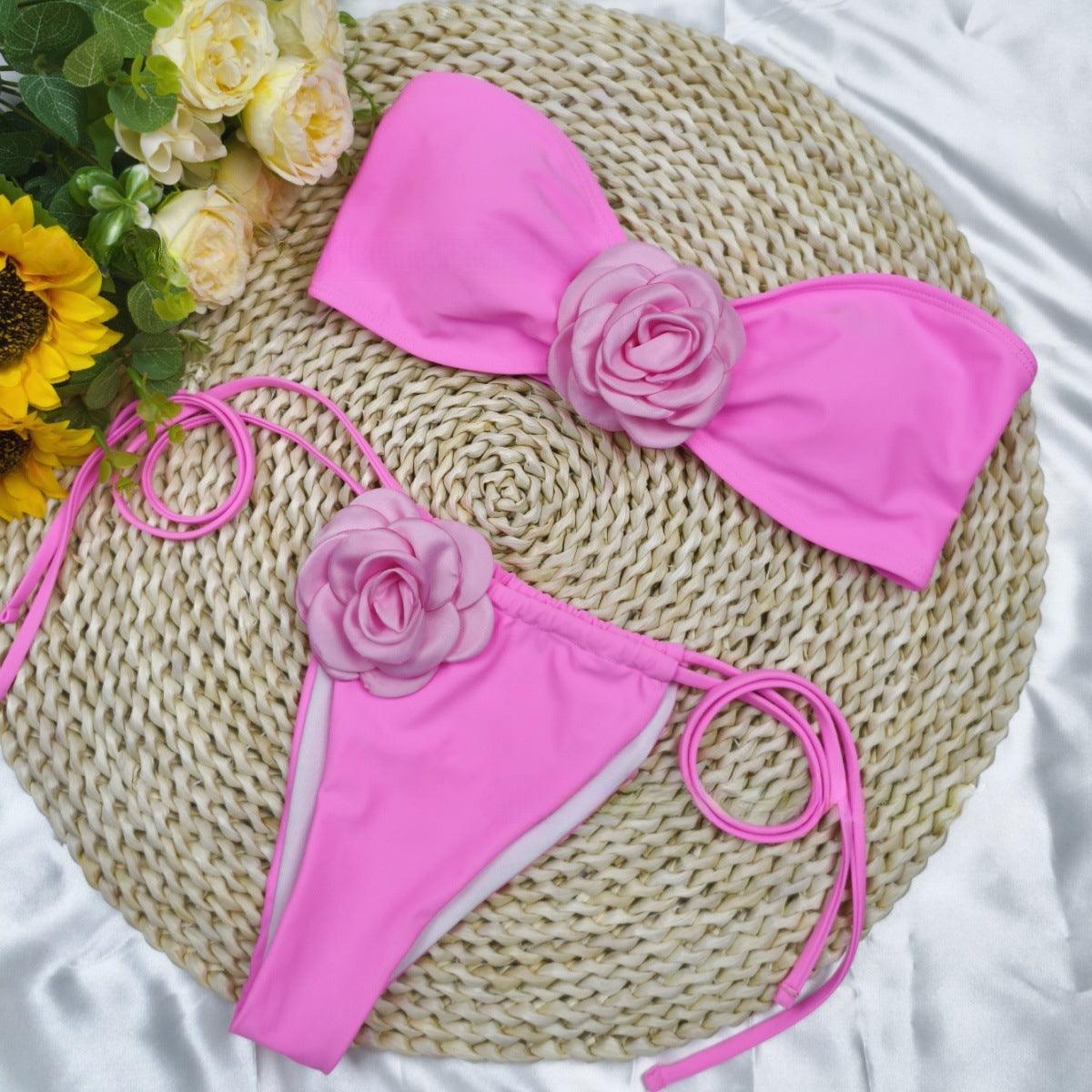 Ladies Solid Color 3D Flowers 2PCS Bikini Set 24301 - SWEETKAMA