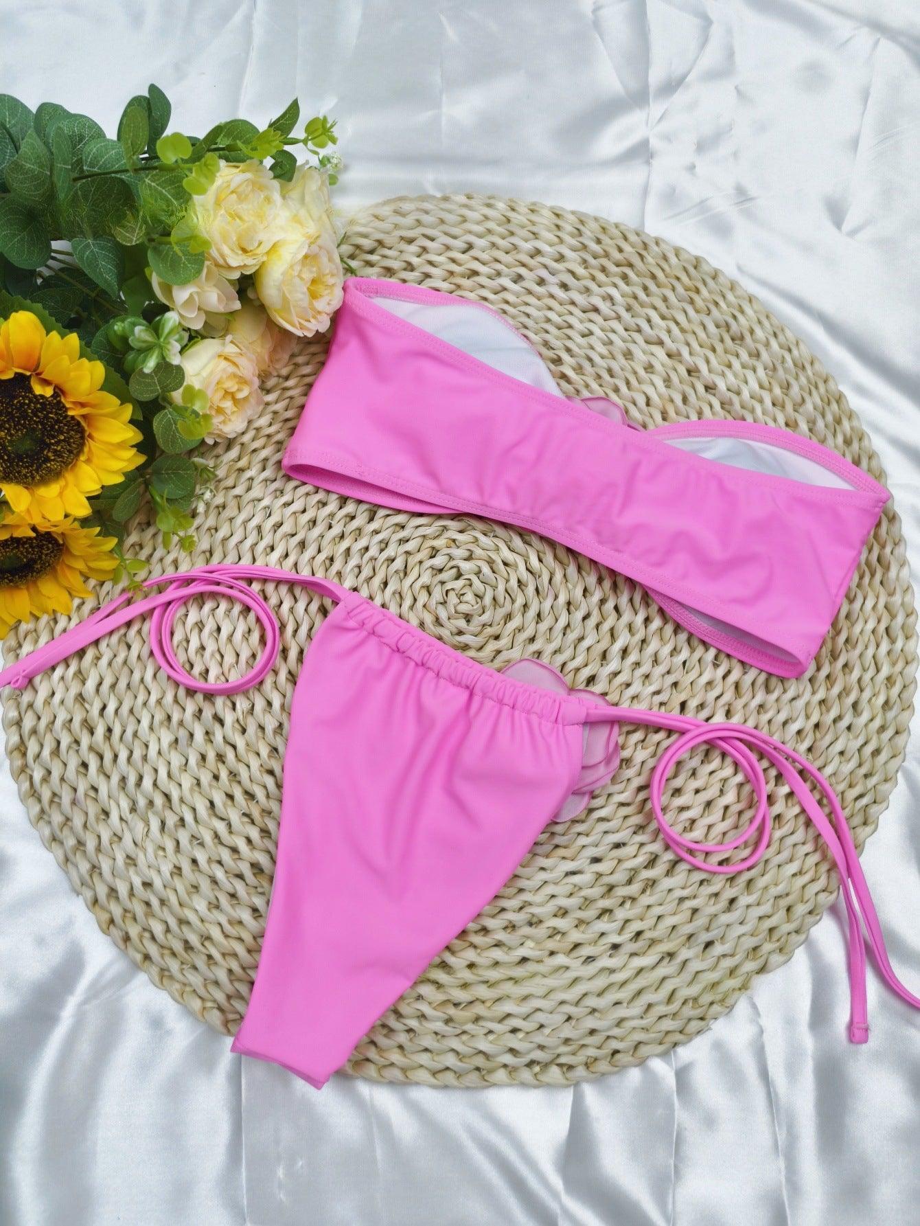 Ladies Solid Color 3D Flowers 2PCS Bikini Set 24301 - SWEETKAMA