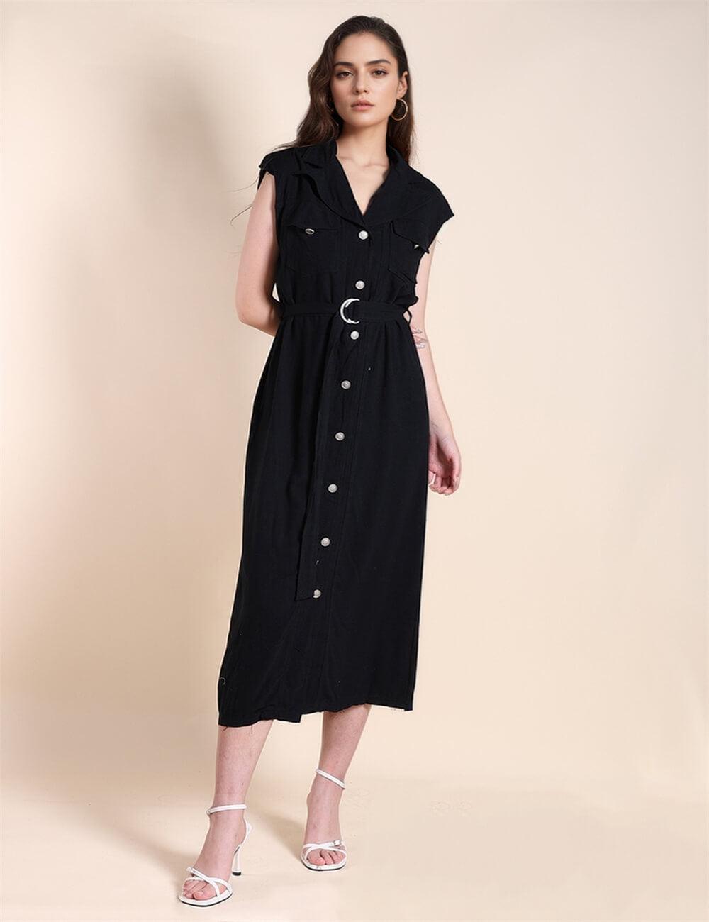 Ladies Solid Color Belted Midi Shirtdress SKD497 - SWEETKAMA