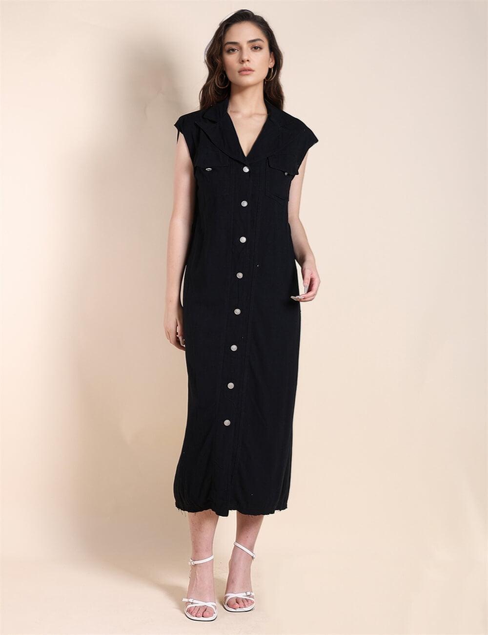 Ladies Solid Color Belted Midi Shirtdress SKD497 - SWEETKAMA