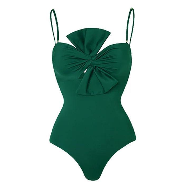 Ladies Solid Color Bowknot One Piece Swimwear with Cover Y187 - SWEETKAMA