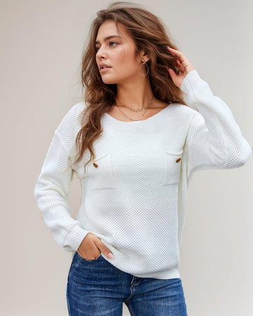 Ladies Solid Color Crew Neck Knit Sweater T9306 - SWEETKAMA