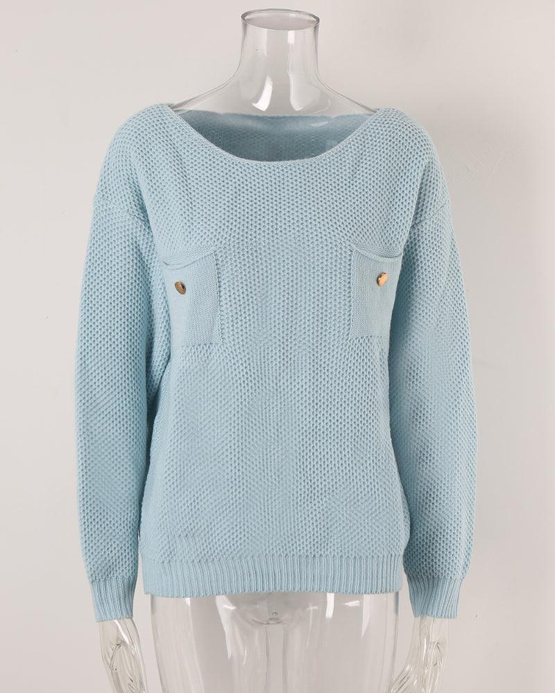 Ladies Solid Color Crew Neck Knit Sweater T9306 - SWEETKAMA