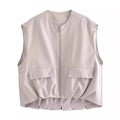 Ladies Solid Color Crew Neck Sleeveless Ruched Vest 2659 - SWEETKAMA