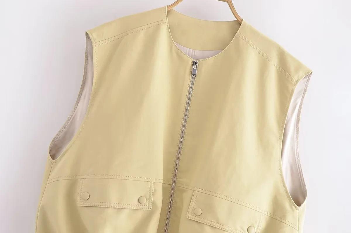 Ladies Solid Color Crew Neck Sleeveless Ruched Vest 2659 - SWEETKAMA