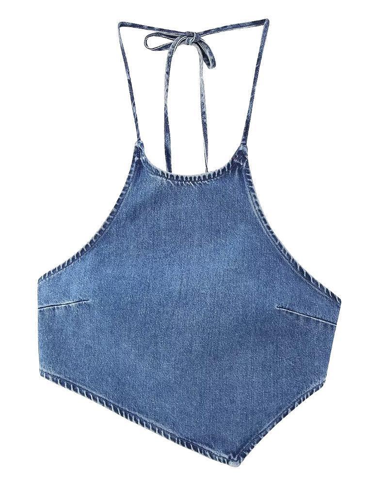 Ladies Solid Color Denim Halter Top 0070 - SWEETKAMA