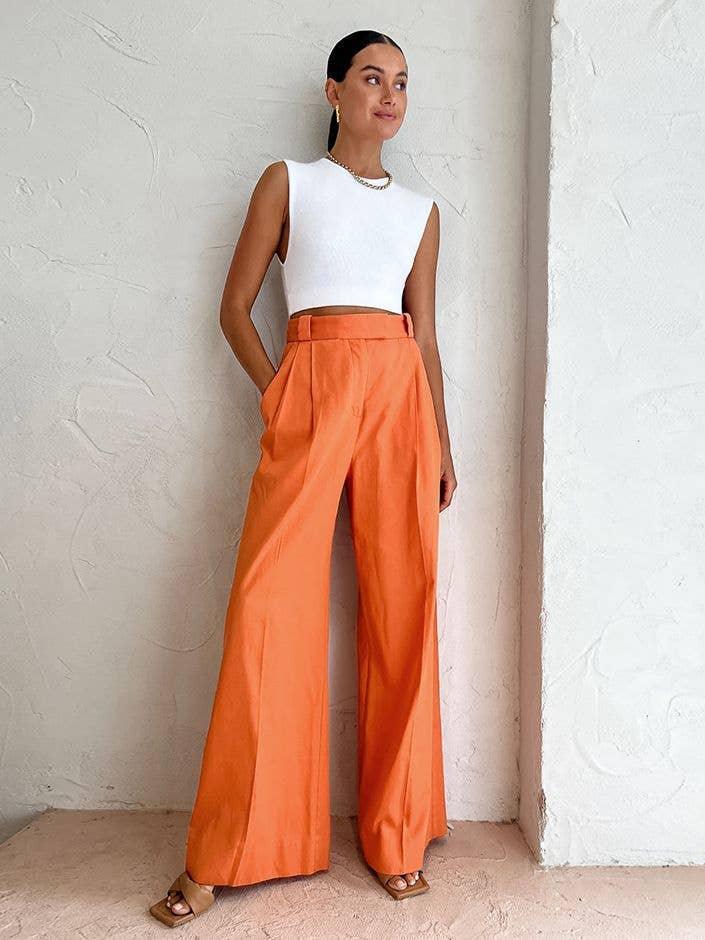 Ladies Solid Color High Waist Wide Leg Pants C-K2298 - SWEETKAMA