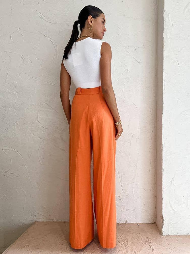 Ladies Solid Color High Waist Wide Leg Pants C-K2298 - SWEETKAMA