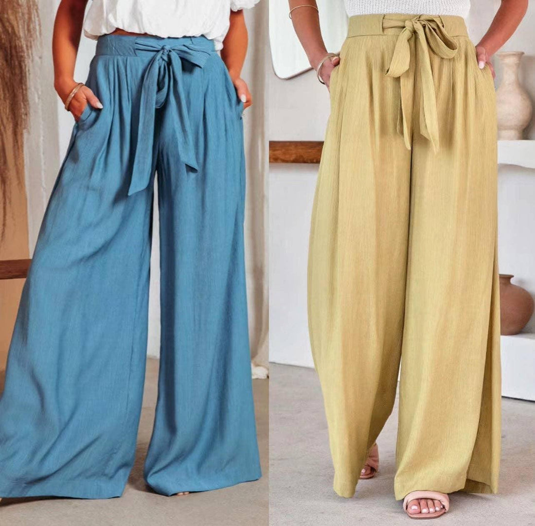 Ladies Solid Color High Waist Wide Leg Pants RX6607 - SWEETKAMA