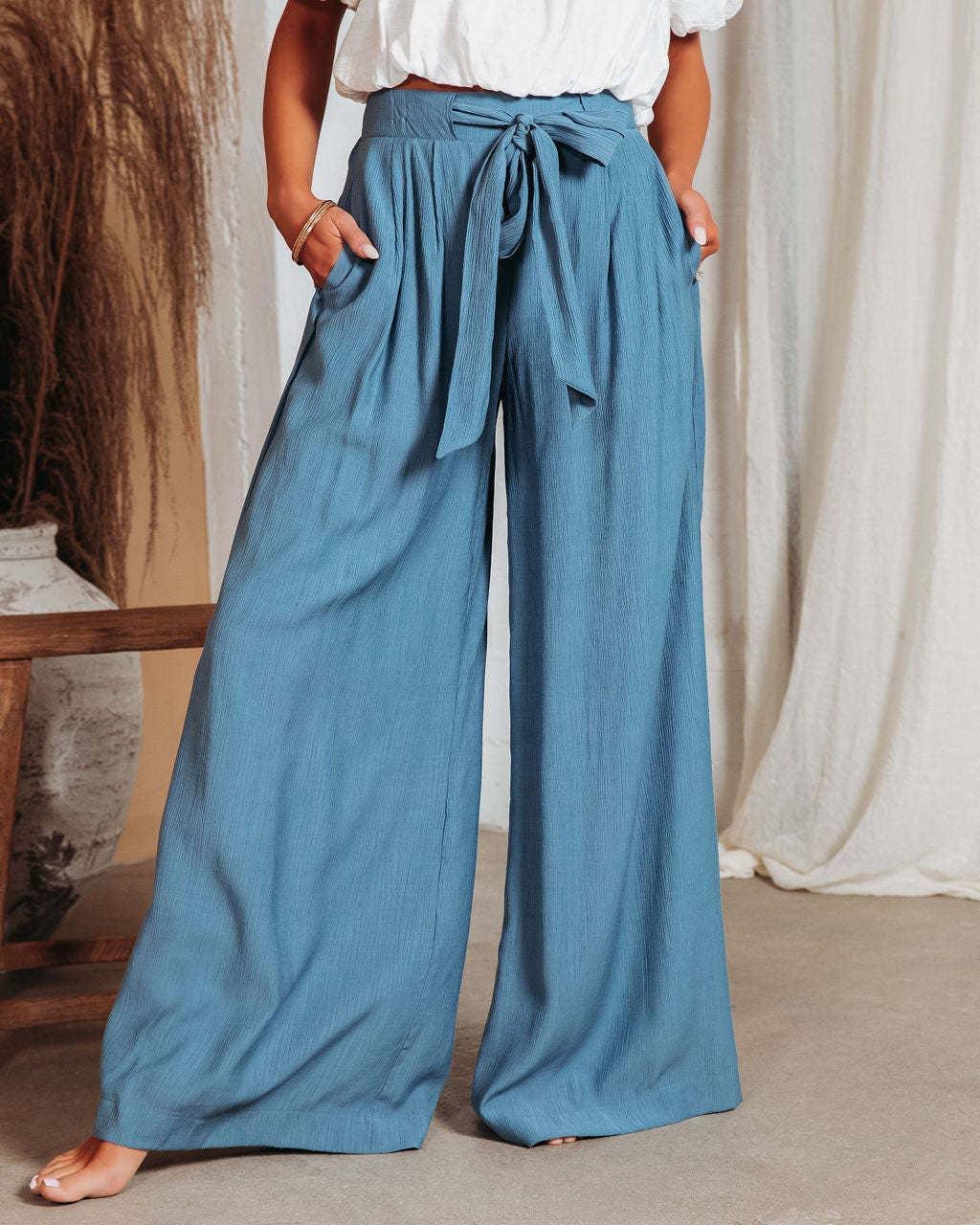 Ladies Solid Color High Waist Wide Leg Pants RX6607 - SWEETKAMA