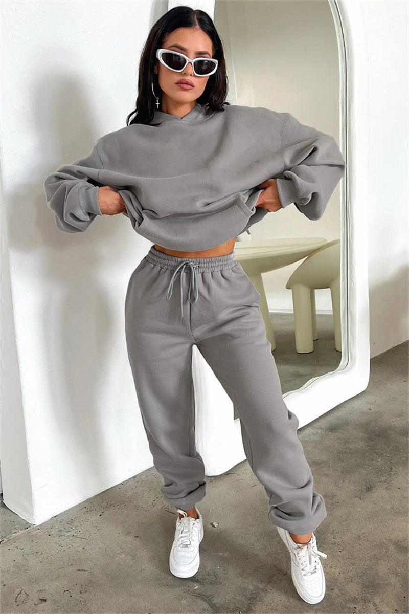 Ladies Solid Color Hoodie and Pants Sets 211333 - SWEETKAMA