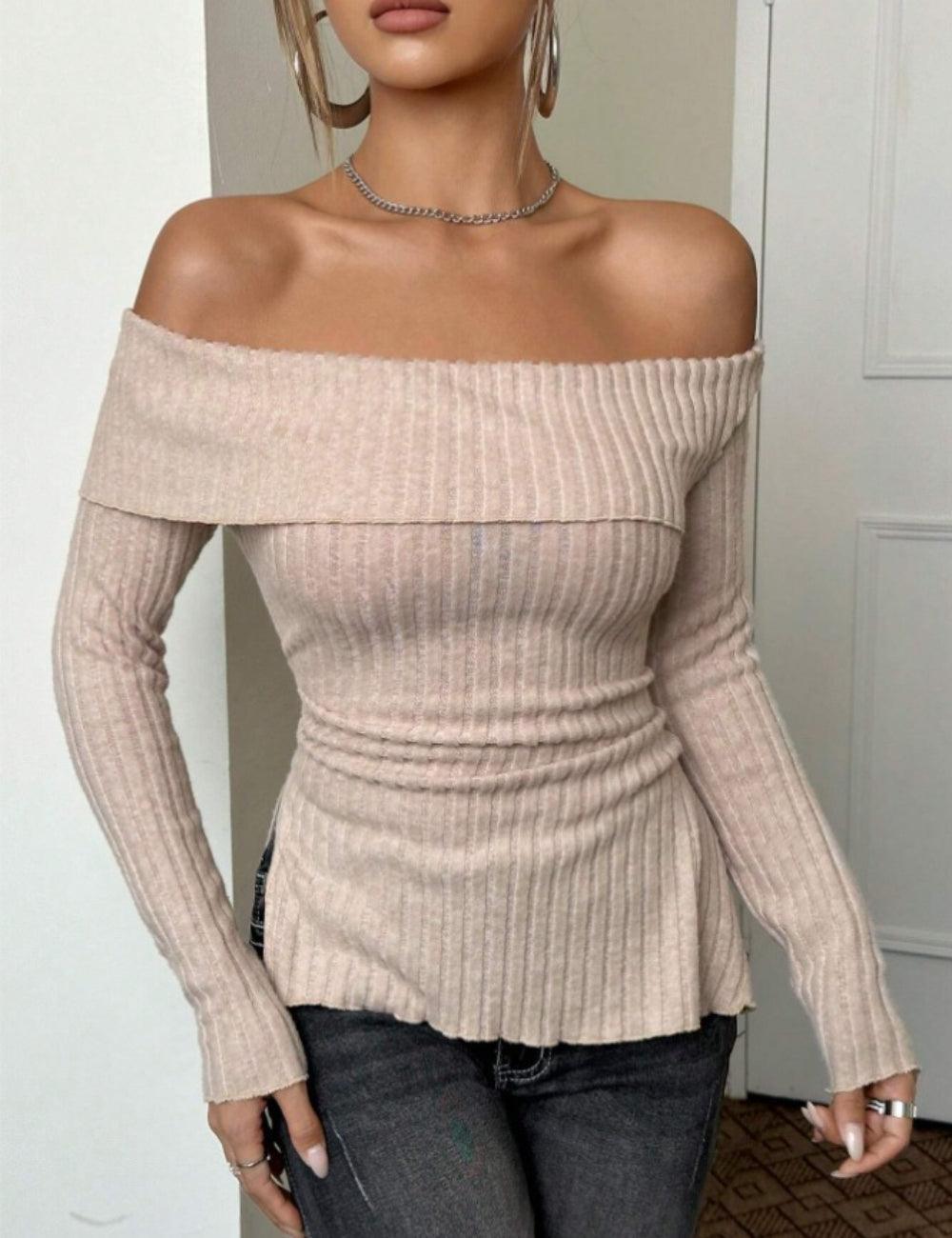 Ladies Solid Color Off Shoulder Knit Tee G2056 - SWEETKAMA