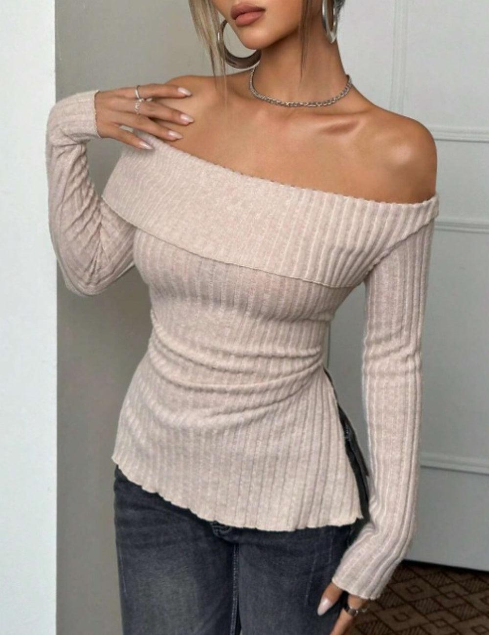 Ladies Solid Color Off Shoulder Knit Tee G2056 - SWEETKAMA