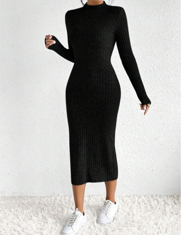 Ladies Solid Color Ribbed Knit Midi Dress G1038A - SWEETKAMA