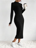 Ladies Solid Color Ribbed Knit Midi Dress G1038A - SWEETKAMA