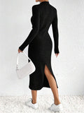 Ladies Solid Color Ribbed Knit Midi Dress G1038A - SWEETKAMA