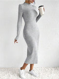 Ladies Solid Color Ribbed Knit Midi Dress G1038A - SWEETKAMA