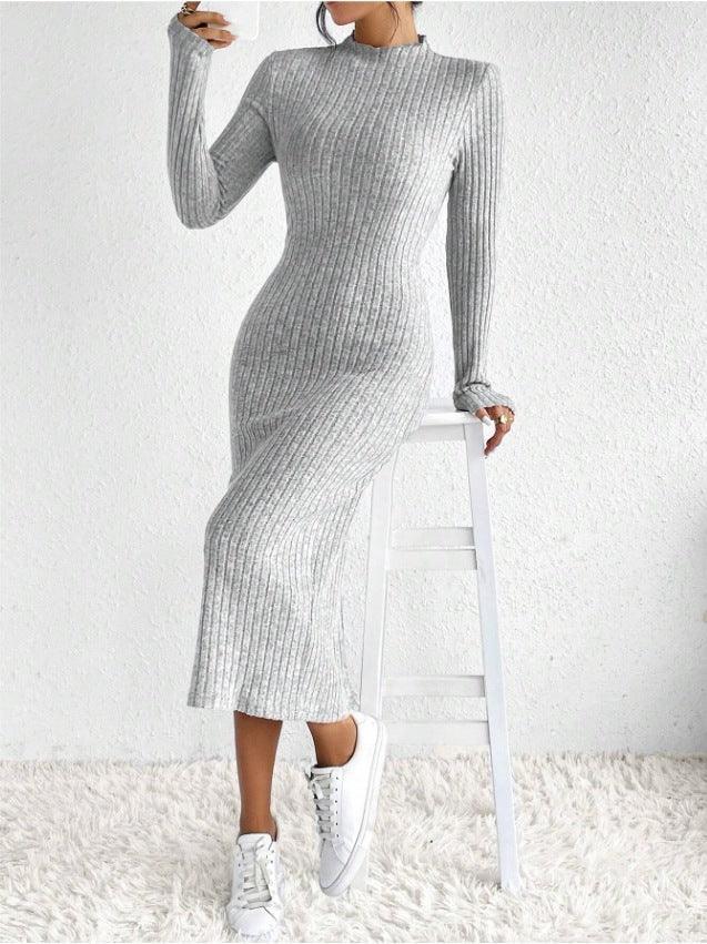 Ladies Solid Color Ribbed Knit Midi Dress G1038A - SWEETKAMA