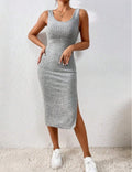 Ladies Solid Color Ribbed Knit Midi Dress T2029 - SWEETKAMA