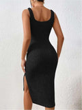 Ladies Solid Color Ribbed Knit Midi Dress T2029 - SWEETKAMA