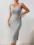 Ladies Solid Color Ribbed Knit Midi Dress T2029 - SWEETKAMA