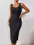 Ladies Solid Color Ribbed Knit Midi Dress T2029 - SWEETKAMA