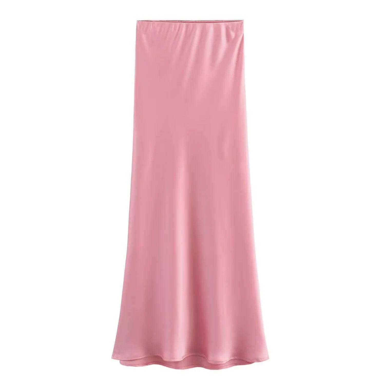 Ladies Solid Color Satin Midi Skirt 5515 - SWEETKAMA