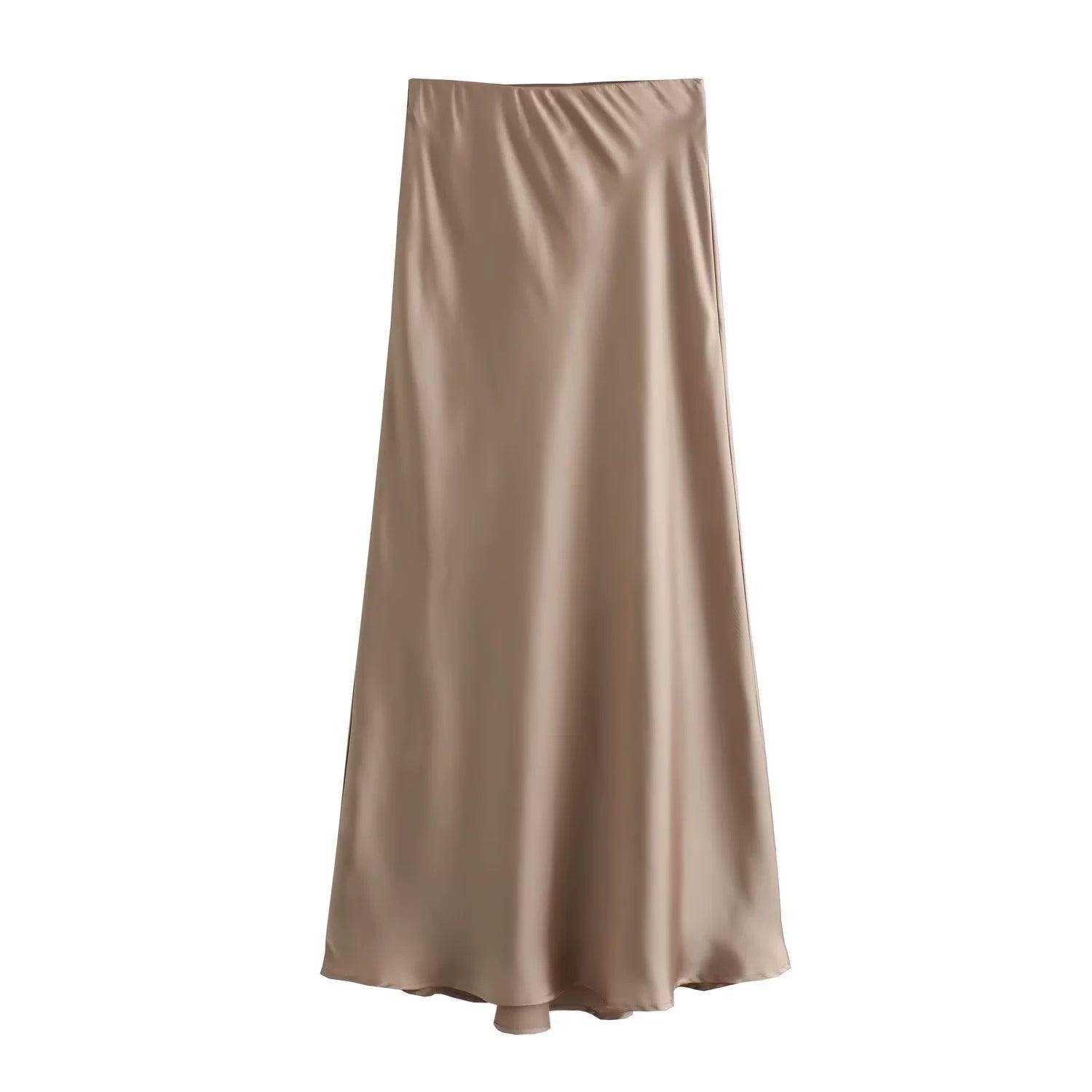 Ladies Solid Color Satin Midi Skirt 5515 - SWEETKAMA