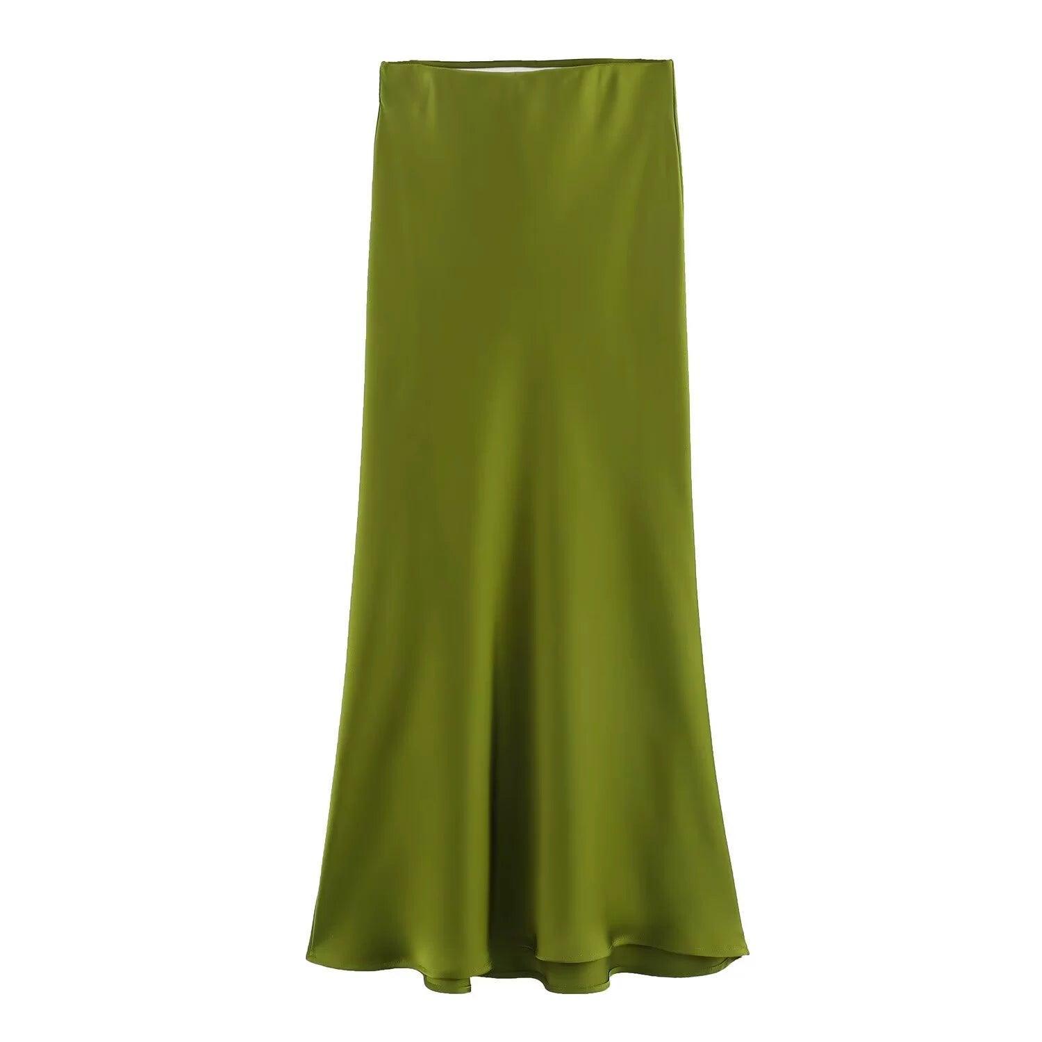 Ladies Solid Color Satin Midi Skirt 5515 - SWEETKAMA