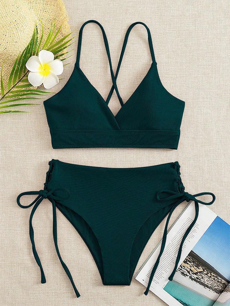 Ladies Solid Color Shoulder String Tie Bikini Set RFD-9684 - SWEETKAMA