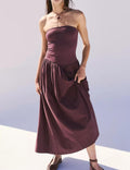 Ladies Solid Color Strapless Smocked Midi Dress SKD380 - SWEETKAMA