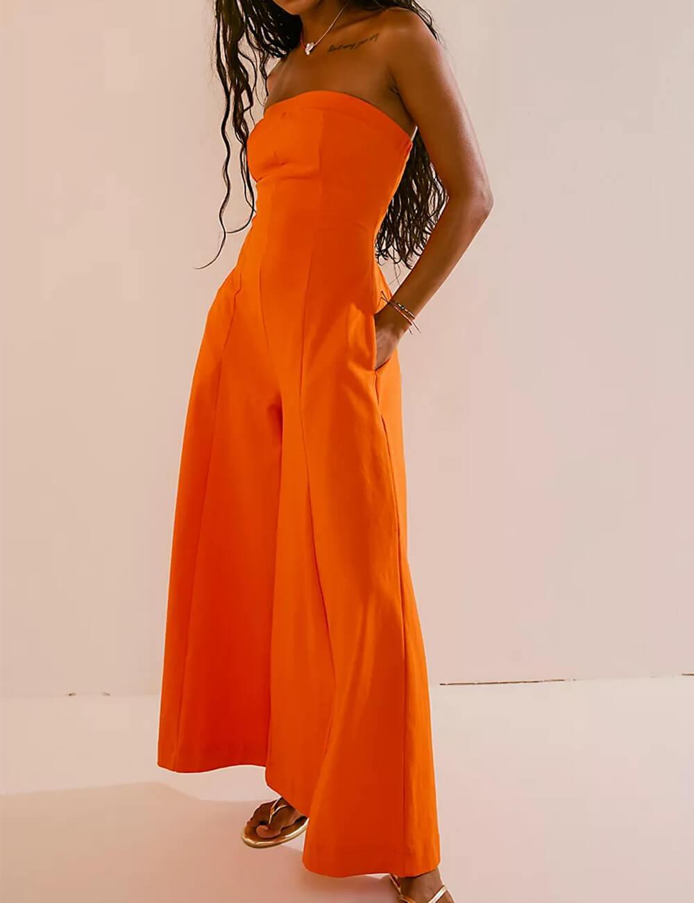 Ladies Solid Color Strapless Wide Leg Jumpsuit SKJ511 - SWEETKAMA