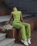 Ladies Solid Color Top & Pant Knit Daily Set FF230413 - SWEETKAMA