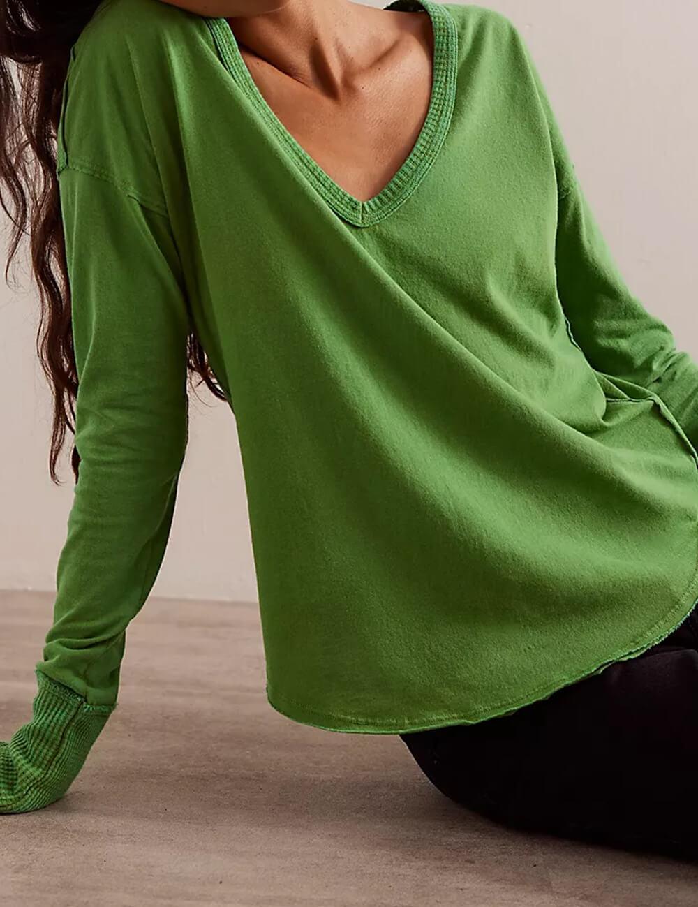 Ladies Solid Color V Neck Long Sleeve Tee SKT546 - SWEETKAMA