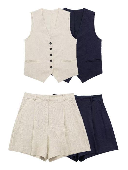 Ladies Solid Color V-Neck Vest And Shorts Set 1052 - SWEETKAMA