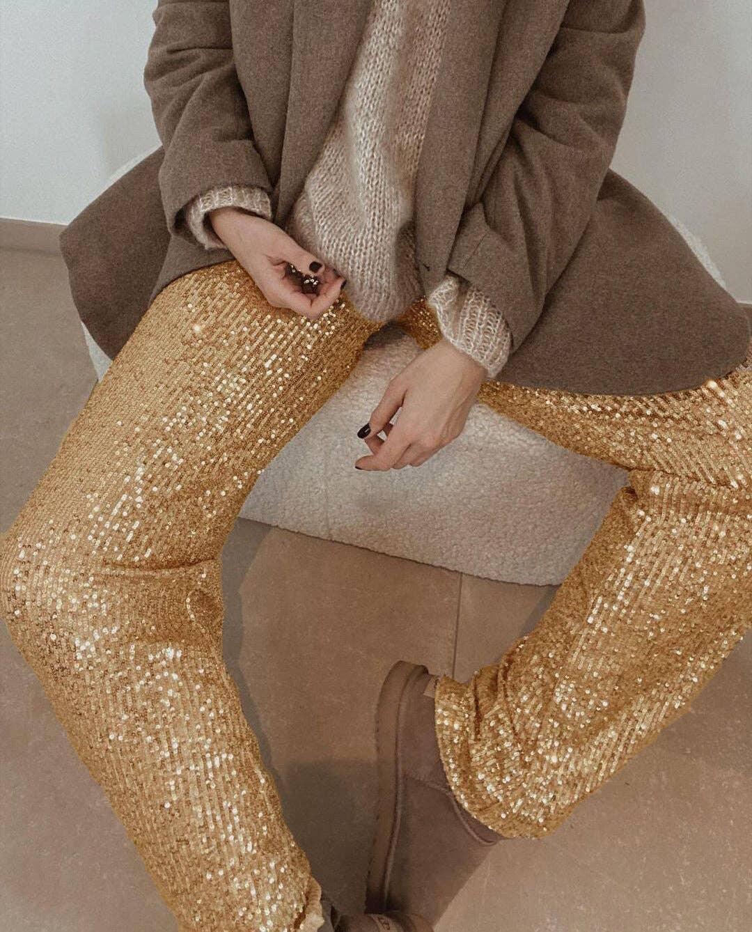 Ladies Solid Glitter Sequin Long Loose Pants LH0559 - SWEETKAMA