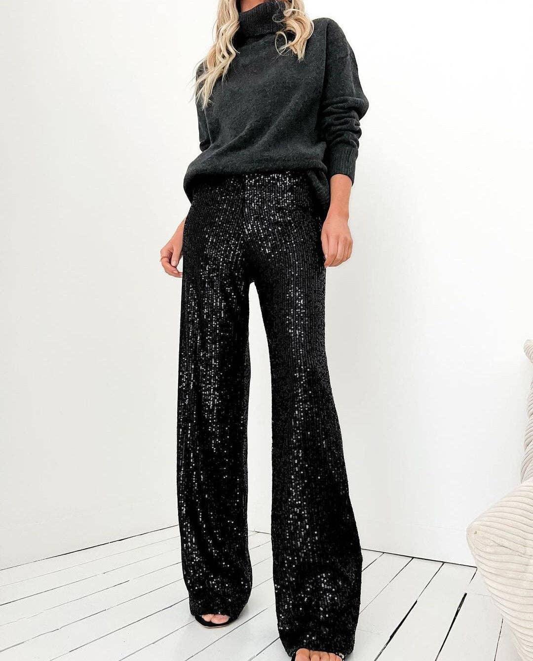 Ladies Solid Glitter Sequin Long Loose Pants LH0559 - SWEETKAMA