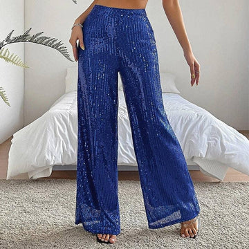 Ladies Solid Glitter Sequin Wide Leg Pants R9175 - SWEETKAMA