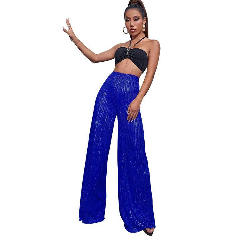 Ladies Solid Glitter Sequin Wide Leg Pants R9175 - SWEETKAMA