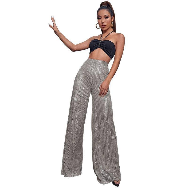 Ladies Solid Glitter Sequin Wide Leg Pants R9175 - SWEETKAMA