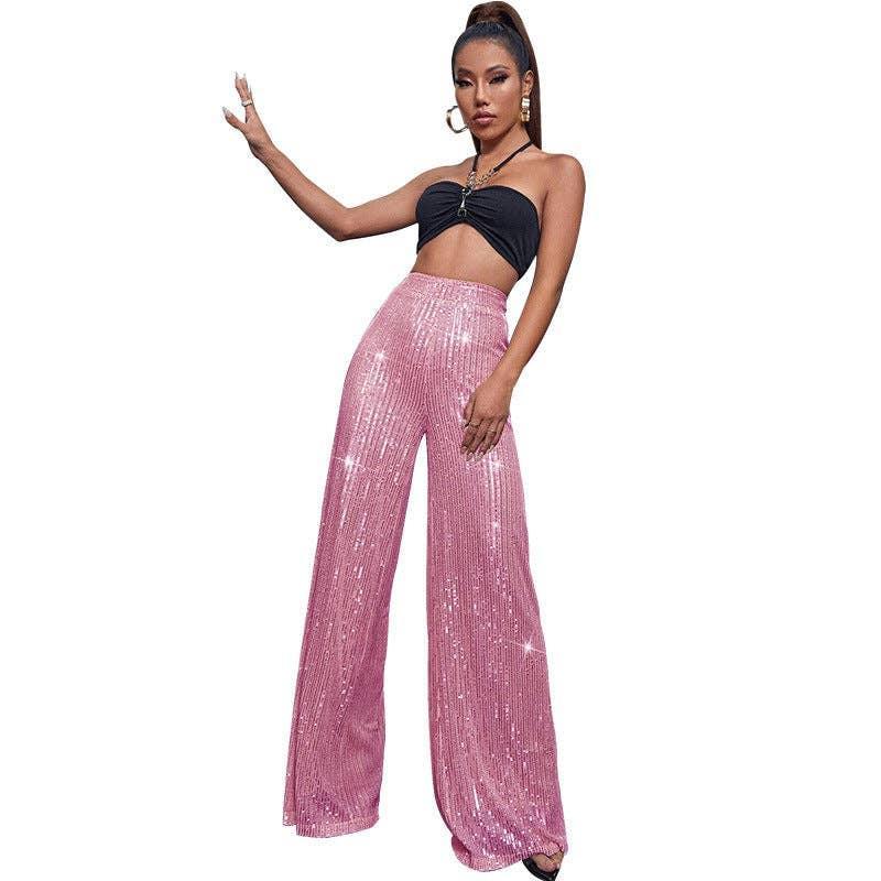 Ladies Solid Glitter Sequin Wide Leg Pants R9175 - SWEETKAMA