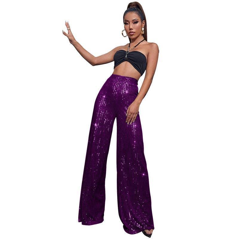 Ladies Solid Glitter Sequin Wide Leg Pants R9175 - SWEETKAMA