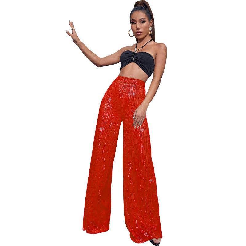 Ladies Solid Glitter Sequin Wide Leg Pants R9175 - SWEETKAMA