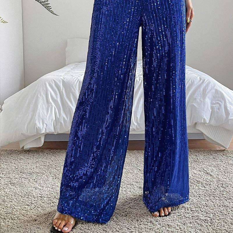 Ladies Solid Glitter Sequin Wide Leg Pants R9175 - SWEETKAMA