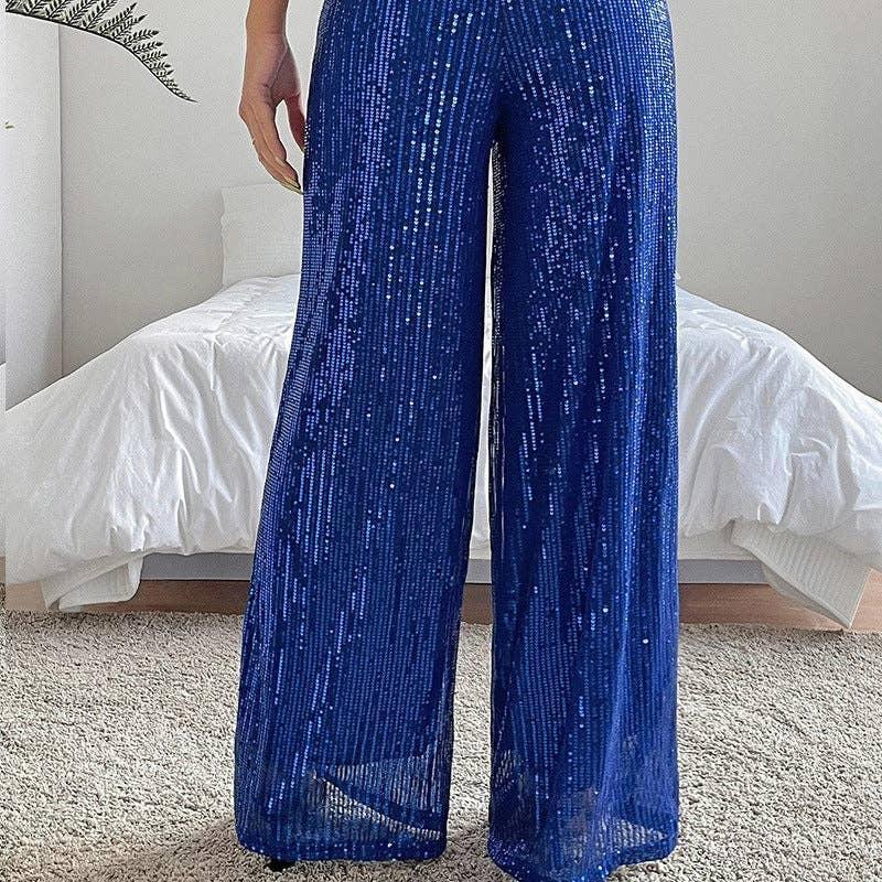 Ladies Solid Glitter Sequin Wide Leg Pants R9175 - SWEETKAMA