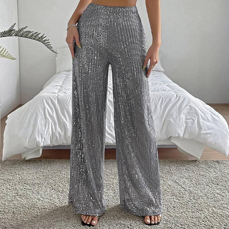 Ladies Solid Glitter Sequin Wide Leg Pants R9175 - SWEETKAMA