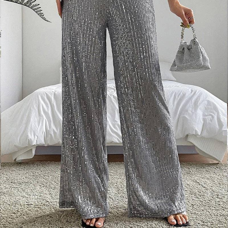 Ladies Solid Glitter Sequin Wide Leg Pants R9175 - SWEETKAMA