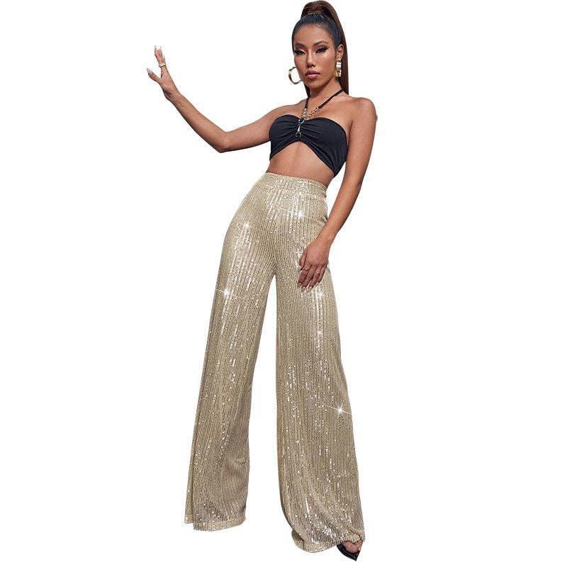 Ladies Solid Glitter Sequin Wide Leg Pants R9175 - SWEETKAMA