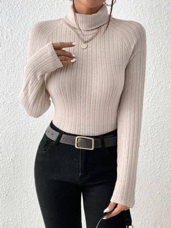 Ladies Solid High Collar Tight Long Sleeves Top G1030 - SWEETKAMA