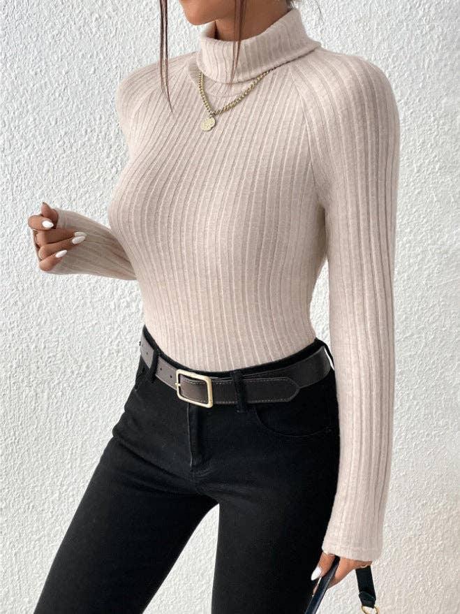 Ladies Solid High Collar Tight Long Sleeves Top G1030 - SWEETKAMA